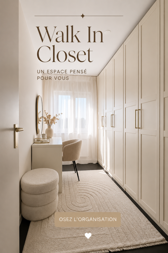Dressing walk-in bien aménagé avec des étagères et une belle lumière.