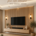 Console flottante élégante avec habillage mural décoratif autour d'une télévision d'intérieur.