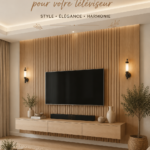 Console flottante élégante avec habillage mural décoratif autour d'une télévision d'intérieur.