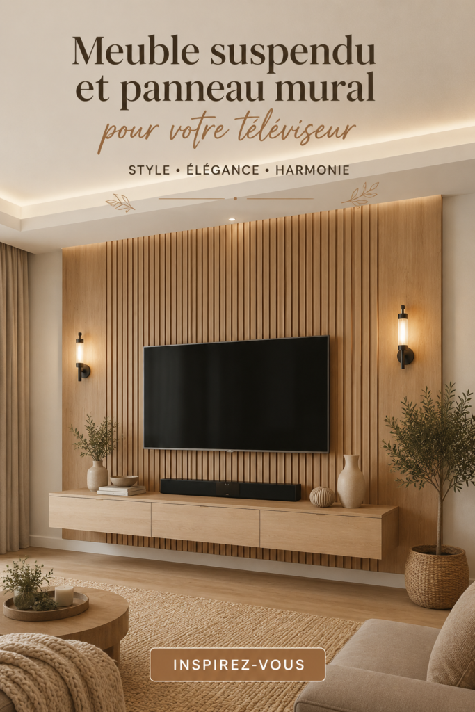 Console flottante élégante avec habillage mural décoratif autour d'une télévision d'intérieur.