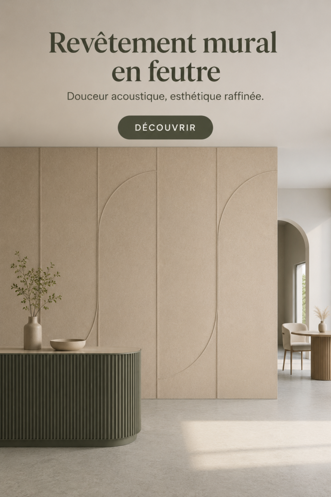 Un mur décoré avec du feutre aux couleurs pastel, créant une ambiance chaleureuse et moderne.
