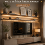 Mur décoré autour d'une télévision avec étagères modernes et plantes