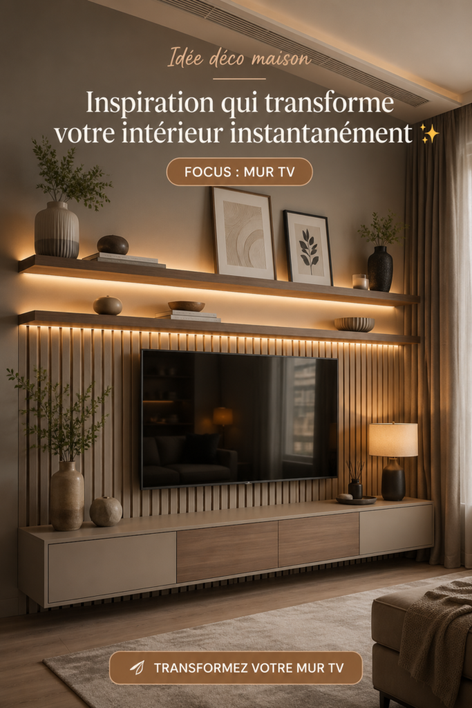 Mur décoré autour d'une télévision avec étagères modernes et plantes