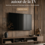 Un mur décoré autour d'une télévision avec des étagères et des cadres photo.