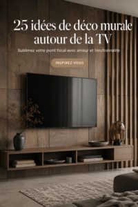 Un mur décoré autour d'une télévision avec des étagères et des cadres photo.