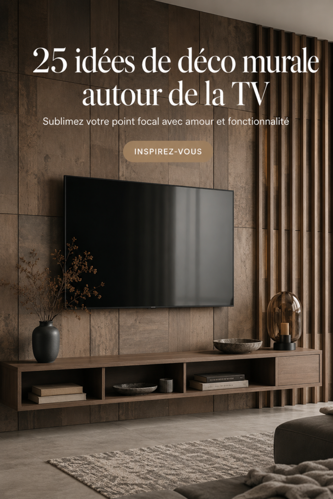 Un mur décoré autour d'une télévision avec des étagères et des cadres photo.