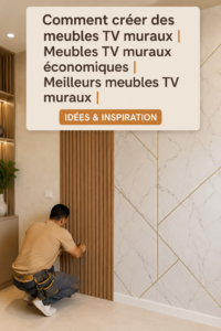 Un salon chaleureux avec une élégante unité murale TV en bois.