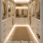 Dressing blanc en U moderne avec éclairage lumineux dans une chambre