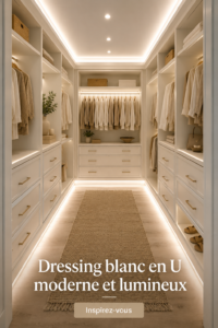 Dressing blanc en U moderne avec éclairage lumineux dans une chambre