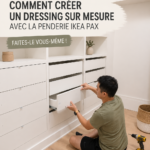 Dressing élégant conçu avec des solutions IKEA, mettant en valeur le système PAX.