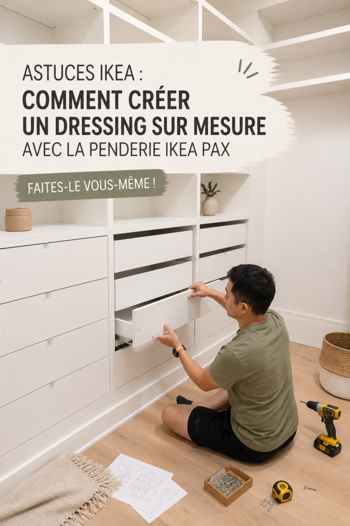 Dressing élégant conçu avec des solutions IKEA, mettant en valeur le système PAX.