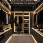 Un grand dressing sombre éclairé par des lumières LED élégantes.