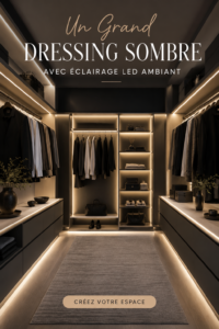 Un grand dressing sombre éclairé par des lumières LED élégantes.