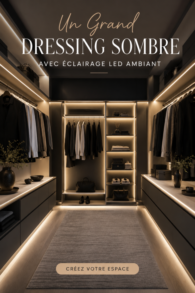 Un grand dressing sombre éclairé par des lumières LED élégantes.