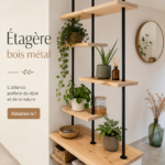 Étagère moderne en bois et métal dans un salon accueillant