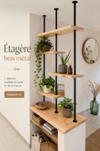 Étagère moderne en bois et métal dans un salon accueillant