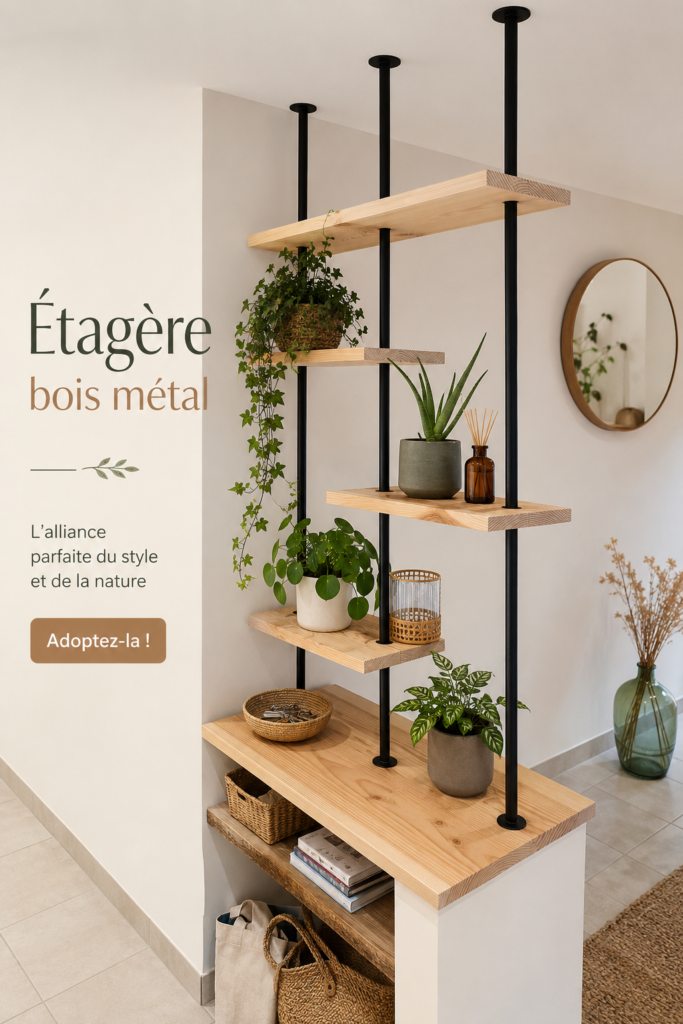 Étagère moderne en bois et métal dans un salon accueillant