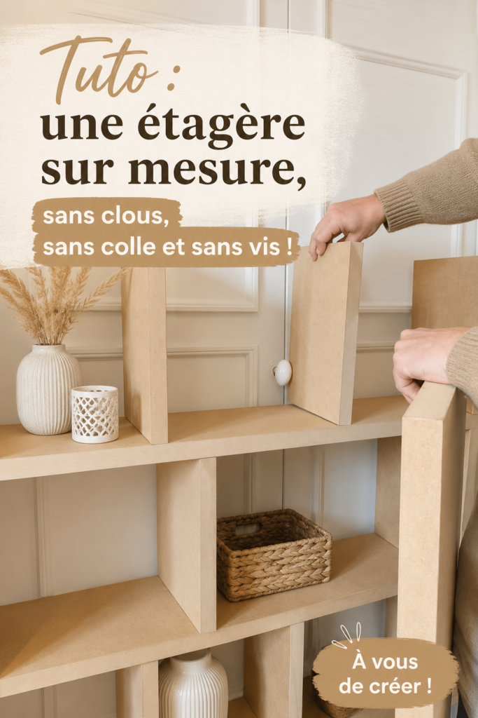 Étagère dans un salon moderne, construite sans clous ni vis.