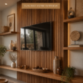 Un salon moderne avec un mur TV décoré de bois chaleureux