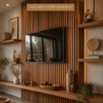 Un salon moderne avec un mur TV décoré de bois chaleureux