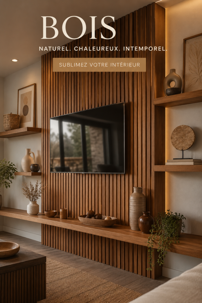 Un salon moderne avec un mur TV décoré de bois chaleureux