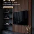 Un mur TV moderne en bois avec des étagères flottantes dans un salon chic.