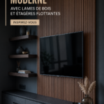 Un mur TV moderne en bois avec des étagères flottantes dans un salon chic.