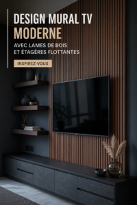 Un mur TV moderne en bois avec des étagères flottantes dans un salon chic.