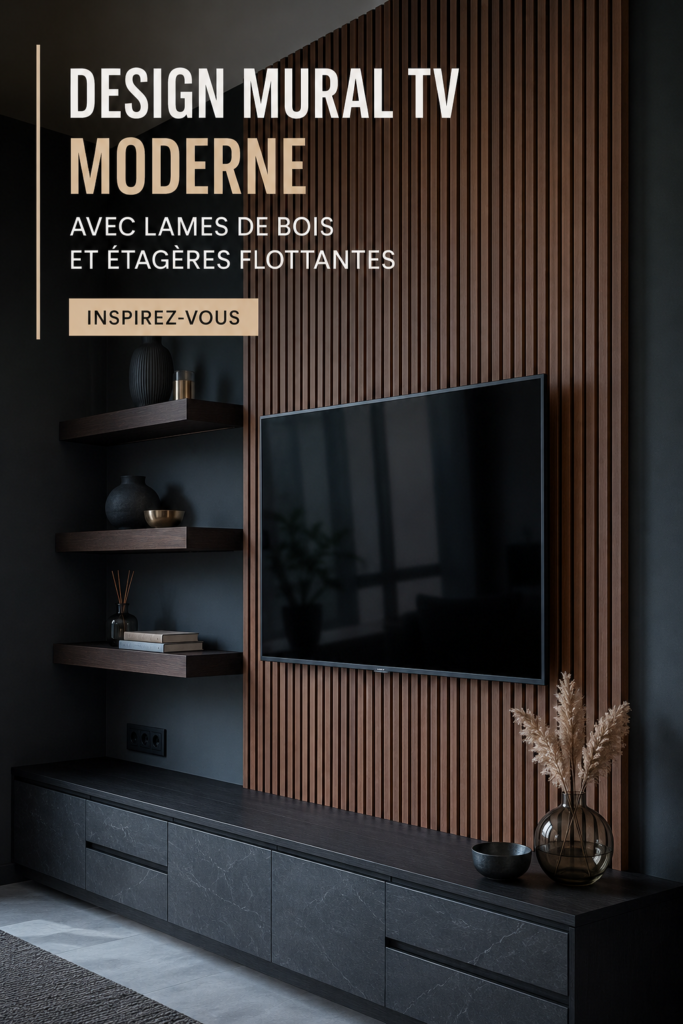 Un mur TV moderne en bois avec des étagères flottantes dans un salon chic.