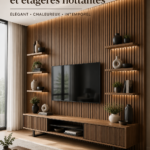 Mur TV moderne avec lattes en bois et étagères flottantes élégantes