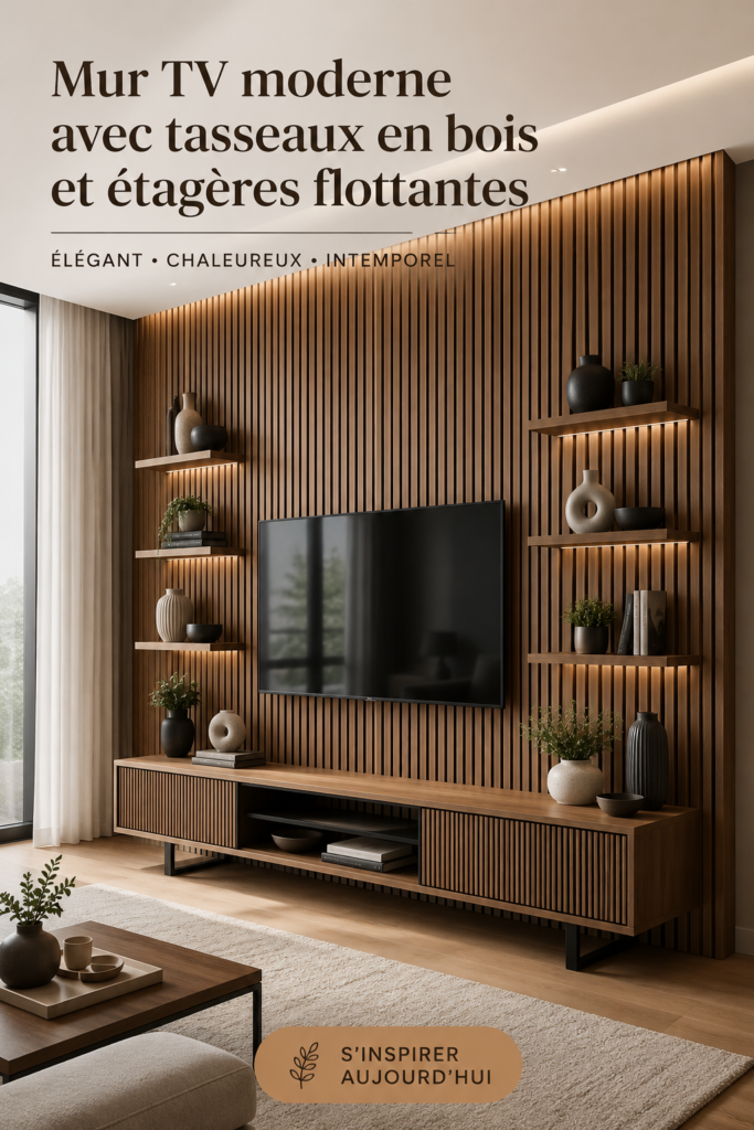 Mur TV moderne avec lattes en bois et étagères flottantes élégantes