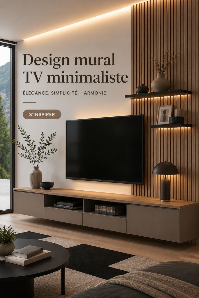 Salon moderne avec un mur TV minimaliste et épuré, mettant en avant un meuble en bois clair