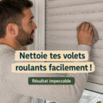 Une femme nettoie des volets roulants en PVC à l'aide d'un chiffon et d'un produit naturel.