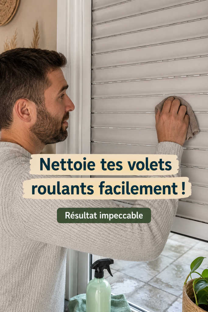 Une femme nettoie des volets roulants en PVC à l'aide d'un chiffon et d'un produit naturel.