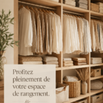 Un placard bien organisé avec des vêtements rangés et des accessoires étiquetés.