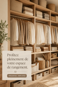 Un placard bien organisé avec des vêtements rangés et des accessoires étiquetés.