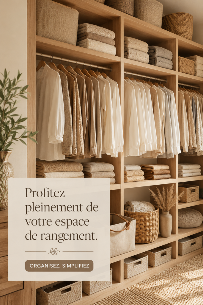 Un placard bien organisé avec des vêtements rangés et des accessoires étiquetés.