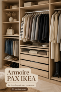 Aménagement d'un espace avec le système Pax d'IKEA, montrant différents rangements personnalisés.