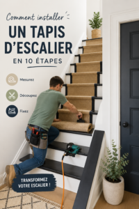 Un tapis d'escalier coloré installé sur des marches en bois, ajoutant du confort et de l'esthétique.
