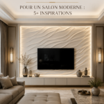 Un salon moderne avec un design mural LED intégré au-dessus d'une télévision.