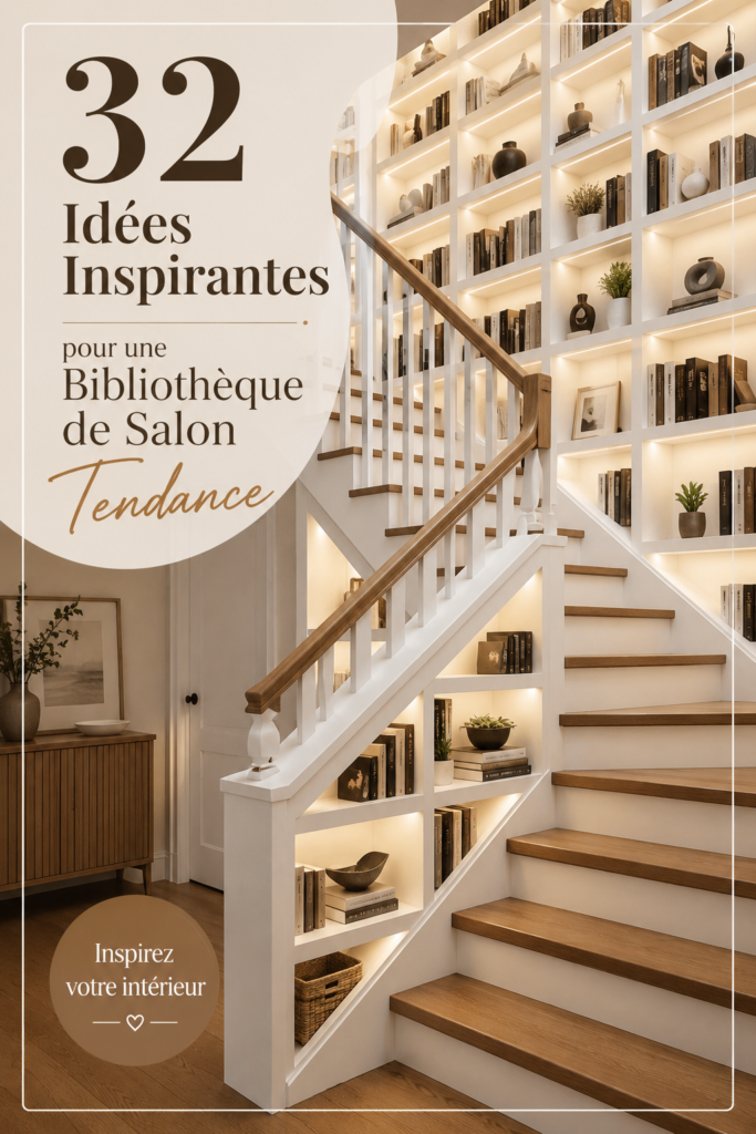 Bibliothèque moderne aménagée dans un salon chaleureux avec des livres et des éléments de décoration