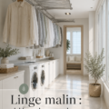 Séchoir à linge intelligent, installé dans un intérieur moderne et épuré.