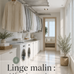 Séchoir à linge intelligent, installé dans un intérieur moderne et épuré.