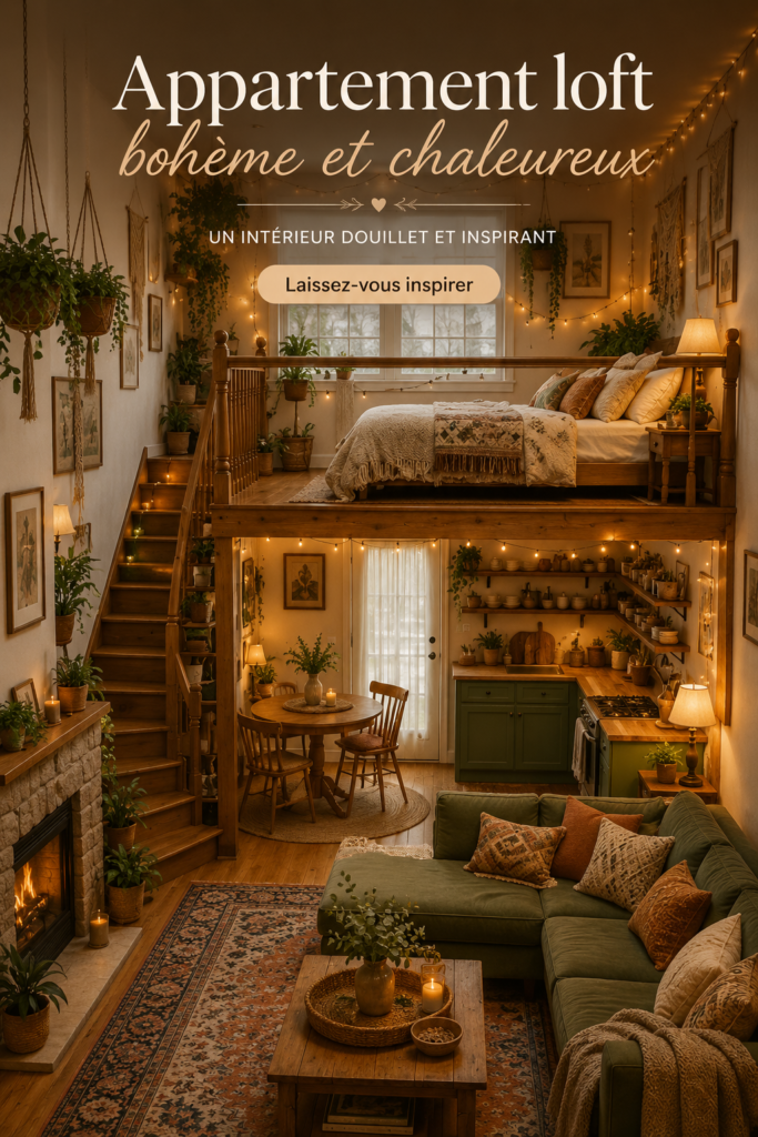 Un loft au style boho chaleureux avec des couleurs douces et des détails cosy.