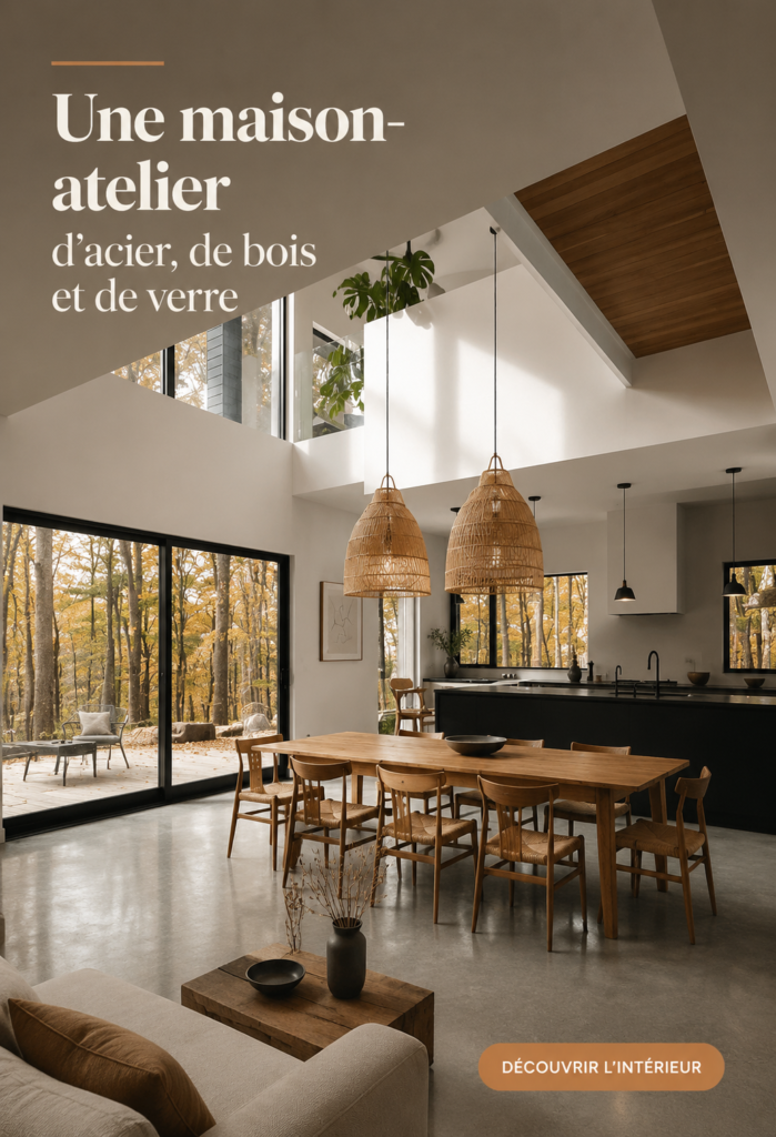 Maison-atelier en acier et bois avec de grandes fenêtres