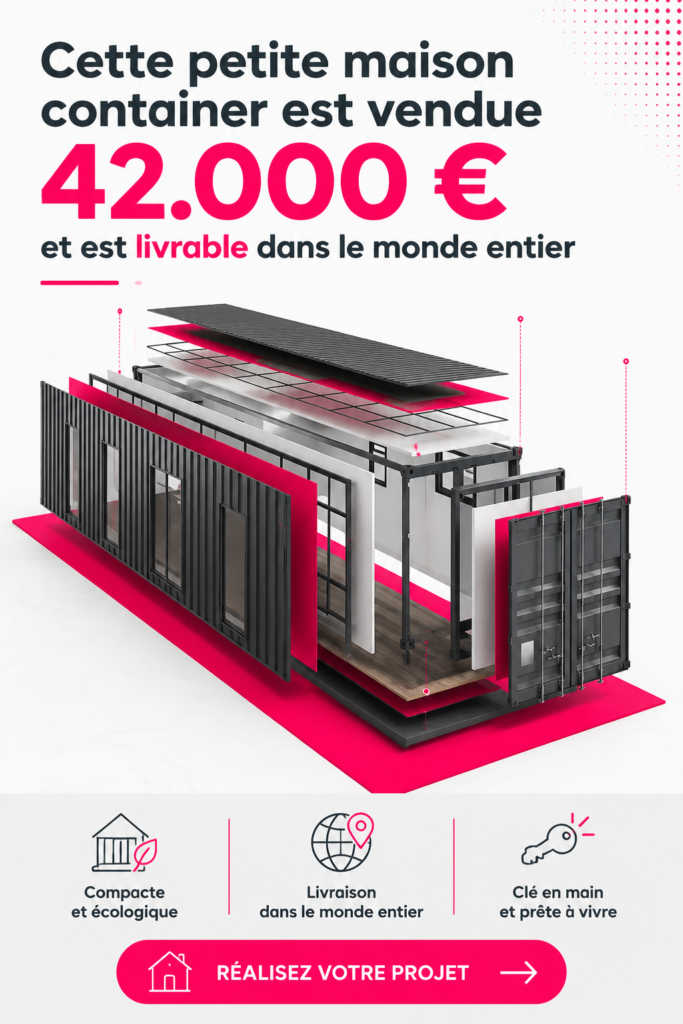 Maison container moderne affichée dans un cadre naturel, symbolisant l'innovation et l'accessibilité