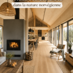 Maison en bois moderne dans la nature norvégienne, entourée d'arbres et de verdure.