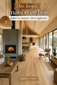 Maison en bois moderne dans la nature norvégienne, entourée d'arbres et de verdure.