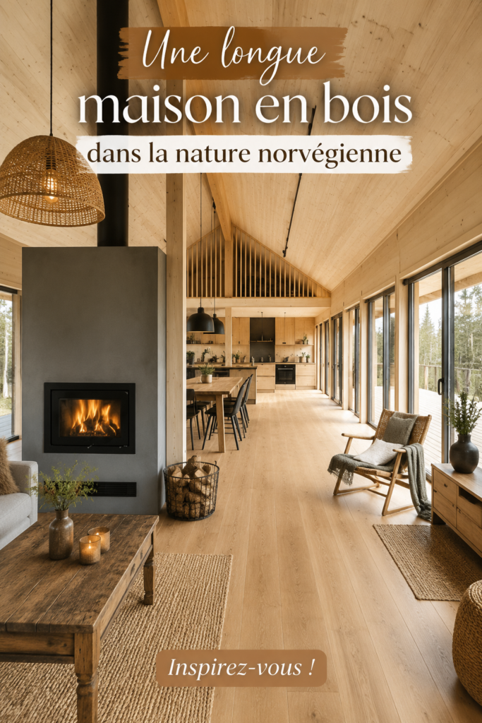 Maison en bois moderne dans la nature norvégienne, entourée d'arbres et de verdure.
