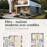 Vue de l'extérieur de la maison Hiro avec combles modernes et élégants.